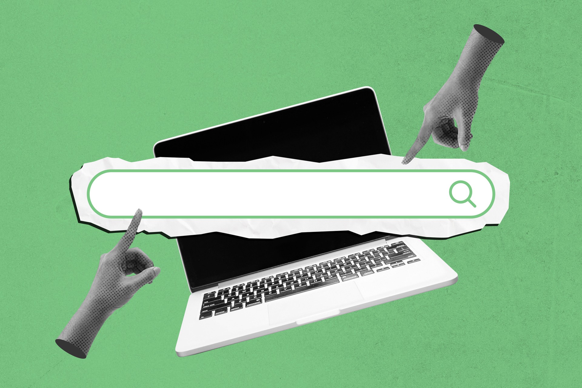 Collage of laptop with blank search bar and pointing hands